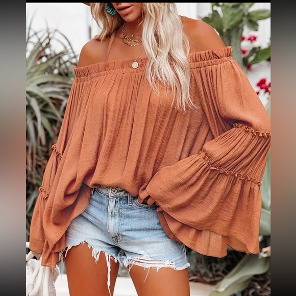 Luxe off shoulder long sleeve casual blouse - Picture 10 of 15